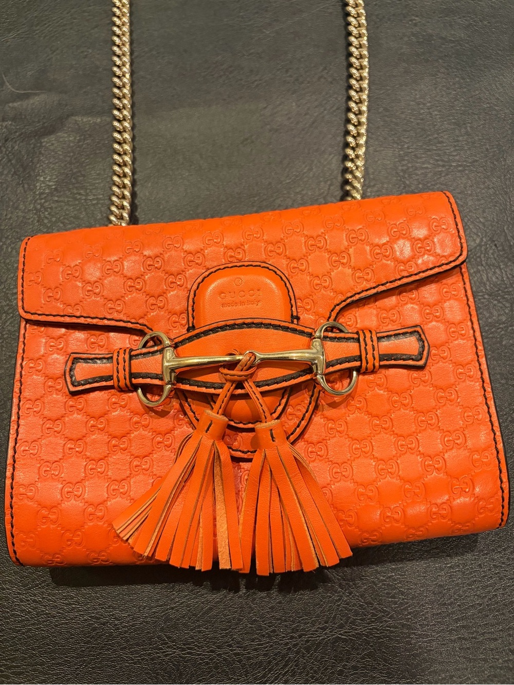 Vintage Gucci Orange Leather Monogrammed/Emblam Mini Bag with Horsebit Tassels - Picture 12 of 16